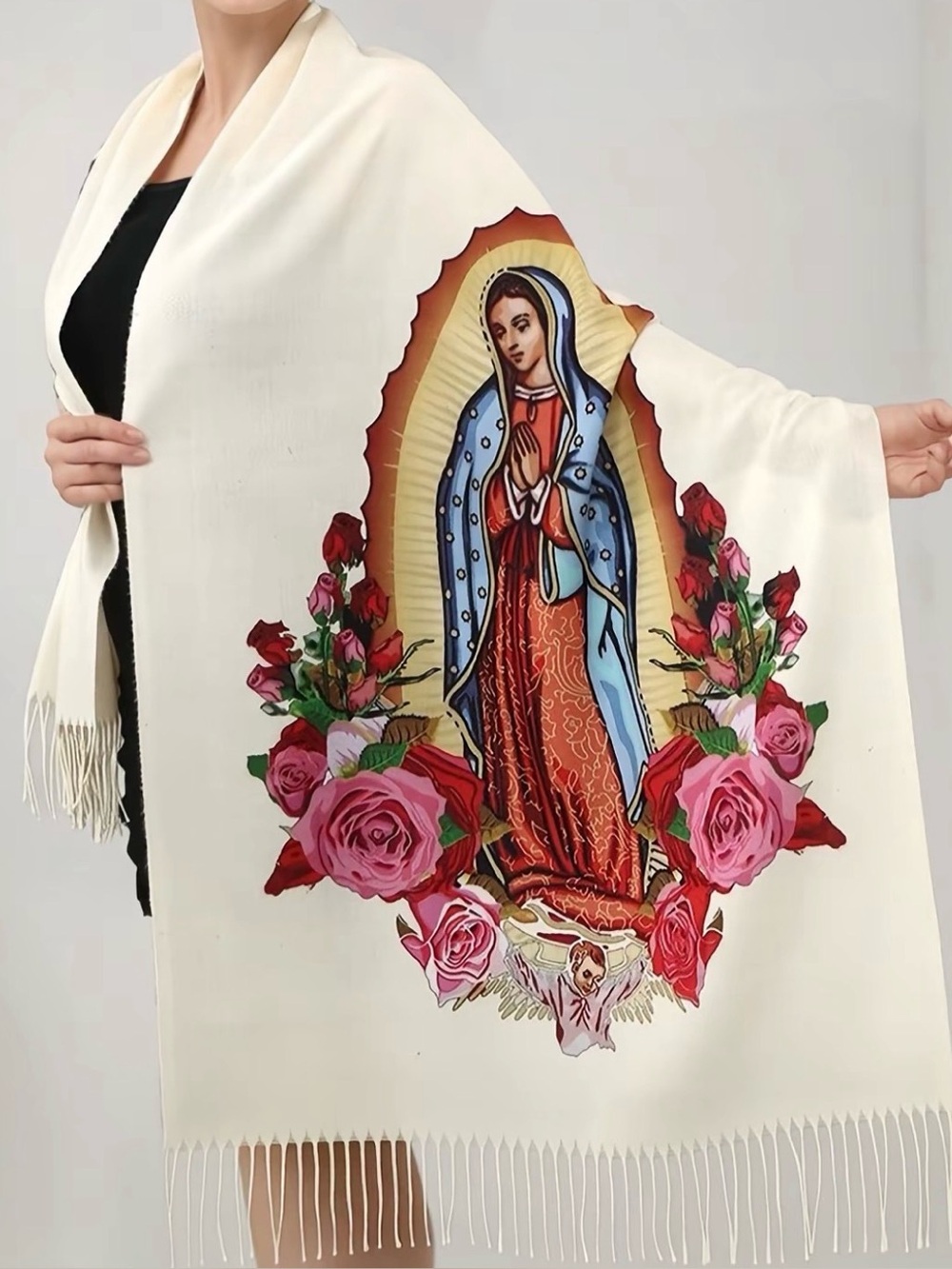 NWOT - Ivory Floral Religious Wrap Scarf with Blue and Red Accents